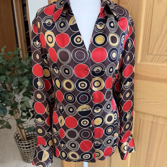 Ann Taylor 100% Silk Print Button Up Blouse Art Deco Size 12 Deep V-Neck - Picture 4 of 13